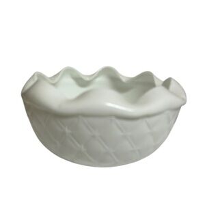 Vintage Indiana Milk Glass Duette Rose Bowl Diamond Quilt Crimped Ruffle Edge